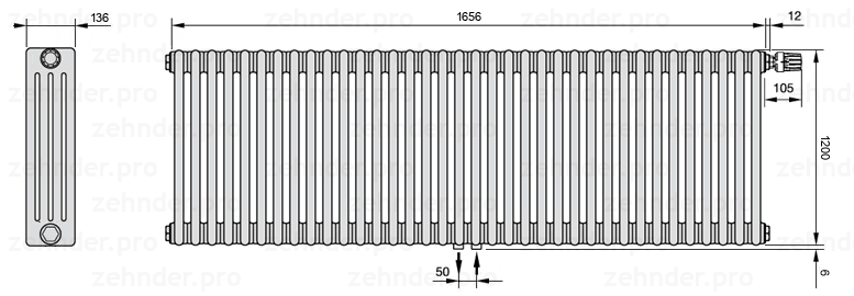 Схема (чертеж) Радиатор Zehnder Charleston 4120/36 №V008 Белый глянцевый RAL 9016